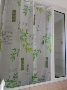 尼亚米卡尼奥纳DESPOINA APARTMENT with garden的浴室窗户配有竹子和浴帘
