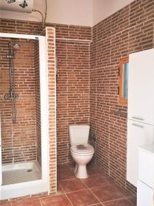 蒙塞拉特Casa Breizh的一间带卫生间和砖墙的浴室