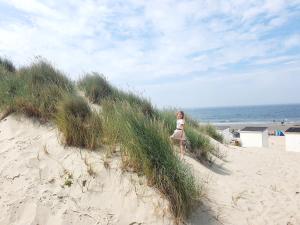 雷讷瑟Beachhouse Renesse 2645的一位在海滩上穿过草地的女人