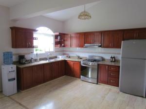 苏莎亚索苏伊斯帕尼奥拉别墅的厨房配有木制橱柜和不锈钢冰箱。