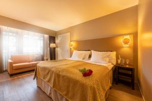 伊萨尔米Spa Hotel Runni Iisalmi的配有一张床和一把椅子的酒店客房
