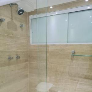 坎皮纳斯Flat Centro Campinas - L'Hirondelle 125的浴室里设有玻璃门淋浴