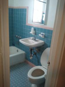 迈阿密海滩考林斯街道旅馆的蓝色的浴室设有卫生间和水槽