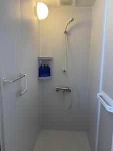 白马村黄色小屋旅馆的墙上设有蓝色瓶子和淋浴的浴室
