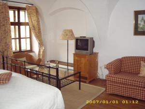 锡吉什瓦拉塞尔布之家旅馆的客房设有床、电视和沙发。