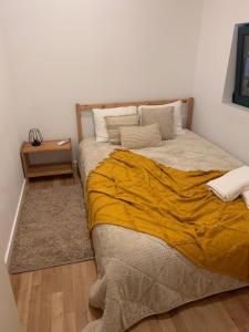 Quintãs de BaixoCASA DO PENEDO - Um Segredo na Serra da Estrela的一间卧室配有一张带黄色毯子的大床