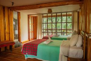 圣特雷莎盖丘亚生态山林小屋的带窗户的客房内的两张床