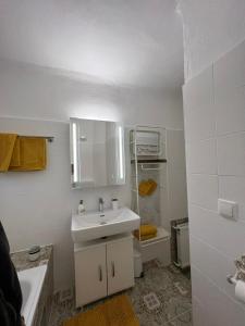 巴登Appartment Rosengarten的白色的浴室设有水槽和卫生间。