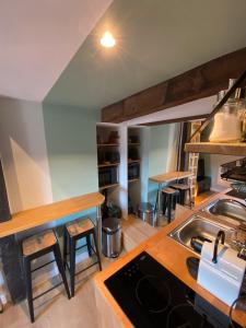 第戎Le Donjon : Centre historique的厨房配有水槽和炉灶 顶部烤箱