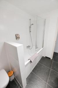 那慕尔Les Cerisiers - Appartement Cosy au Centre de Namur的带淋浴和卫生间的白色浴室