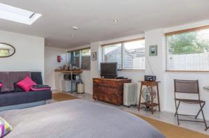基督城The Studio Christchurch B&B Luxury Garden Room的一间卧室配有一张床、一张沙发和一台电视。