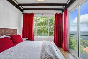 哈拉瓦科阿Mansion Dubai-Mountain-Jacuzzi-4BR-Jamaca De Dios的一间卧室配有红色窗帘和大窗户