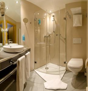 奥尔贝尔恩豪塞格胡特酒店的带淋浴、卫生间和盥洗盆的浴室