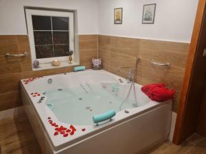 马科夫Apartmány Petronela的浴室配有浴缸,拥有红色花卉装饰