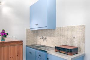 阿里克斯Potamitis House的厨房配有蓝色橱柜和水槽