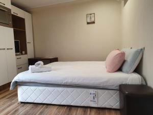 鲁塞Malavi KI top center studio Ruse的一间卧室配有带白色床单和粉红色枕头的床。