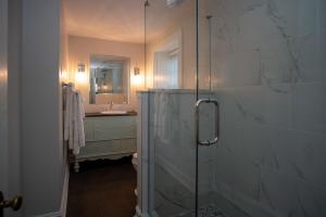 卡莱尔Allenberry Resort的一间带玻璃淋浴和水槽的浴室