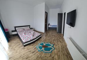 UriuPensiunea Maria的一间卧室配有一张床和一台电视,铺有木地板