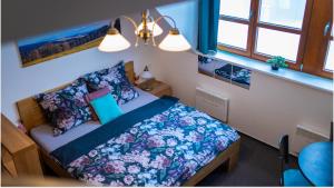 日茄基Skiapartma - Říčky v Orlických horách的一间卧室配有一张带蓝色棉被和枕头的床