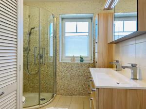 普特布斯Hafenblick的带淋浴和盥洗盆的浴室