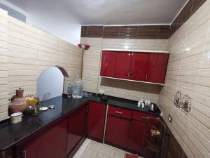 库塞尔Qussier sea view apartment的一间厨房,配有红色橱柜和台面