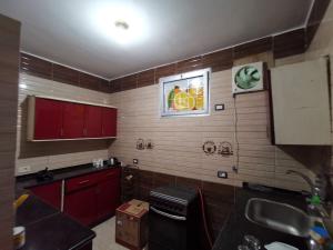 库塞尔Qussier sea view apartment的一个带红色橱柜和水槽的小厨房