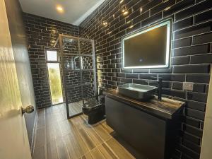 纳库鲁The Shed的一间带水槽和卫生间的浴室以及一台电视。