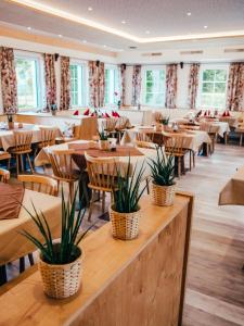 巴特黑灵Gasthof Franziskibad的一间设有桌椅的餐厅,种植了植物