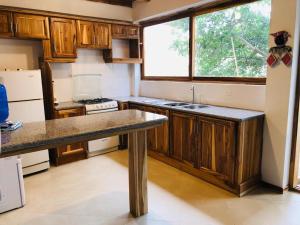 圣维森特Casa de Paz的厨房配有木制橱柜、水槽和窗户。