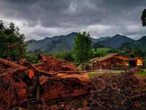 坎加斯-德奥尼斯Casas Rurales Entrecastaños的一堆堆有山底的木头