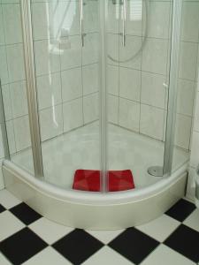 罗斯托克旧海港大厦酒店的浴室里设有红色座椅和淋浴