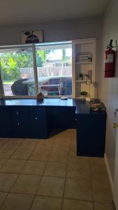 好莱坞Beautiful Casa Del Sol的厨房设有蓝色的柜台和窗户。