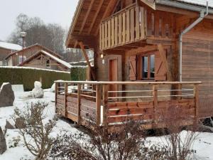 ZhezdiWooden chalet in Vosges by a pond的小木屋,设有雪地门廊
