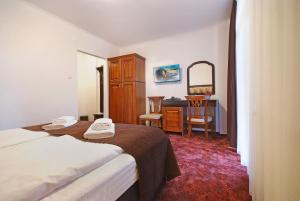 斯兰默多瓦Hotel Moldavia的酒店客房配有一张床和一张带镜子的书桌