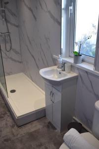 福尔柯克Kelpies Serviced Apartments - McClean的带淋浴和盥洗盆的白色浴室