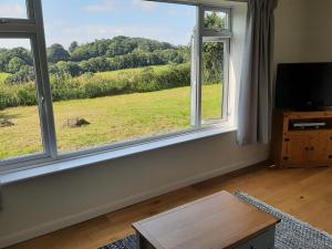 普里茅斯Quintessential, secluded South Devon cottage的客厅设有2扇窗户,享有田野美景