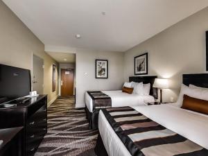 勒杜克Radisson Hotel Edmonton Airport的酒店客房设有两张床和电视。