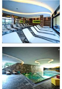 卡普尔Biancas Luxury Apartment close Ischgl Spa & Pool的两张图片的酒店客房 - 带床和游泳池
