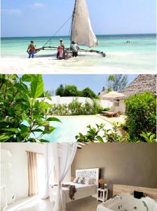 吉汶瓦ARYA Boutique Resort的卧室和海滩的两张照片