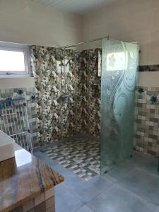 马埃岛Coco De Mer Villa的浴室里设有玻璃门淋浴