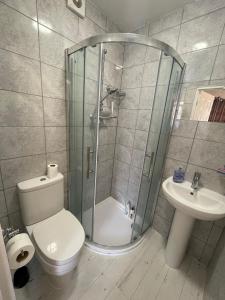 米尔顿凯恩斯ASHMINA GUEST HOUSE with Free Onsite Parking的带淋浴、卫生间和盥洗盆的浴室