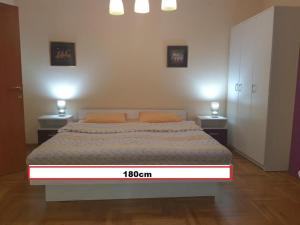 贝尔格莱德Talas apartmani的一间卧室配有一张带2个床头柜的大床
