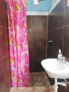 圣克里斯托瓦尔Hospedaje Arvakeni的浴室设有粉红色的淋浴帘和水槽