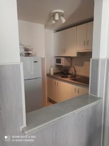 隆达Apartamento Victoria con parking incluido的厨房配有白色冰箱和木制橱柜。
