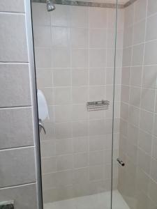 塔瓜汀加Flat maravilhoso no Centro de Taguatinga - Pistão Sul的浴室里设有玻璃门淋浴