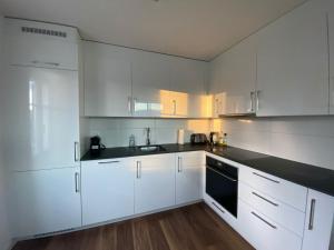 阿尔邦Apartment Säntisblick in Arbon von Swisspartments的白色的厨房配有白色橱柜和黑色台面