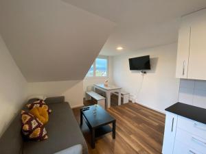 阿尔邦Apartment Seeblick in Arbon von Swisspartments的客厅配有沙发和桌子