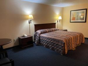 坦普希尔斯特姆普希尔斯经济旅馆的酒店客房设有一张床、一张桌子和灯具。