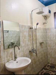 恩德培Glen's Apartment的浴室配有盥洗盆和带镜子的淋浴