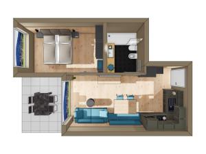 布鲁尼科Rienz Alpine City Lofts的客厅的平面图,配有蓝色的家具